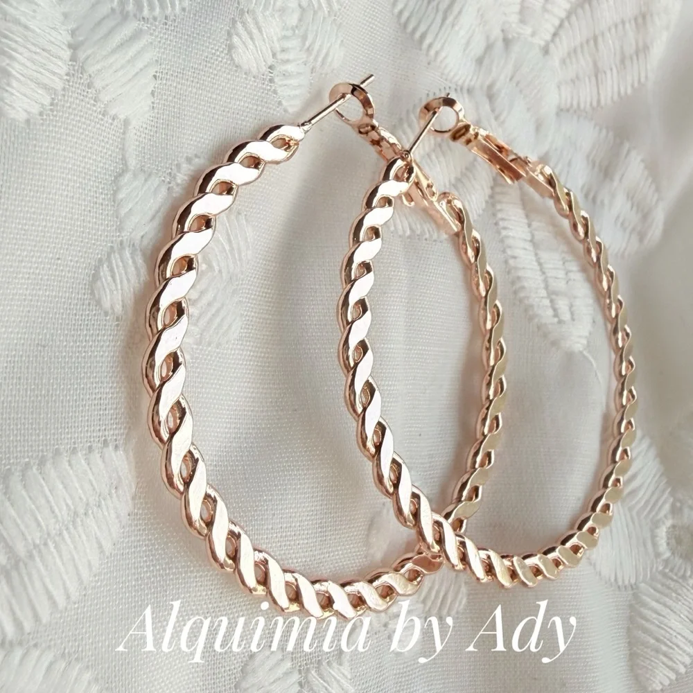 Rose Gold Twisted Chain Hoops • Bold Polished Statement Earrings